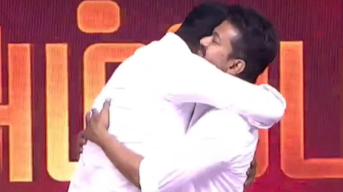 Aadhav Arjuna and TVK Vijay hug 